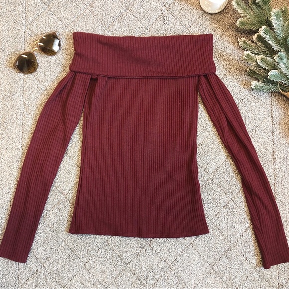Abercrombie & Fitch Sweaters - Maroon Ribbed Off-the-shoulder Sweater